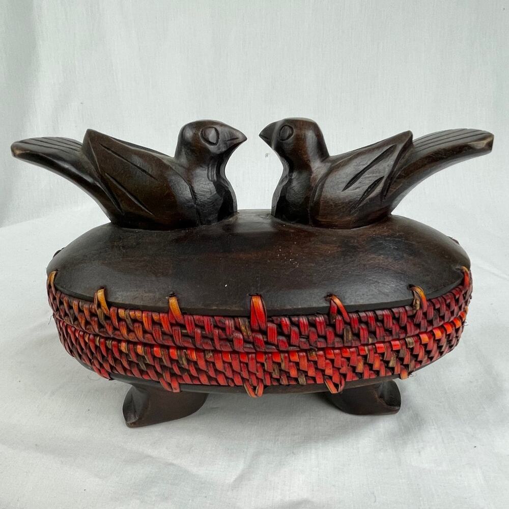Vintage African Lidded Wood Box with Basket Weave Rim and Bird Finials